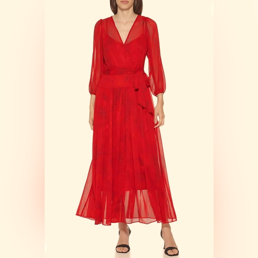 Calvin Klein Red Chiffon Tie-Belt Long Sleeve Maxi Dress